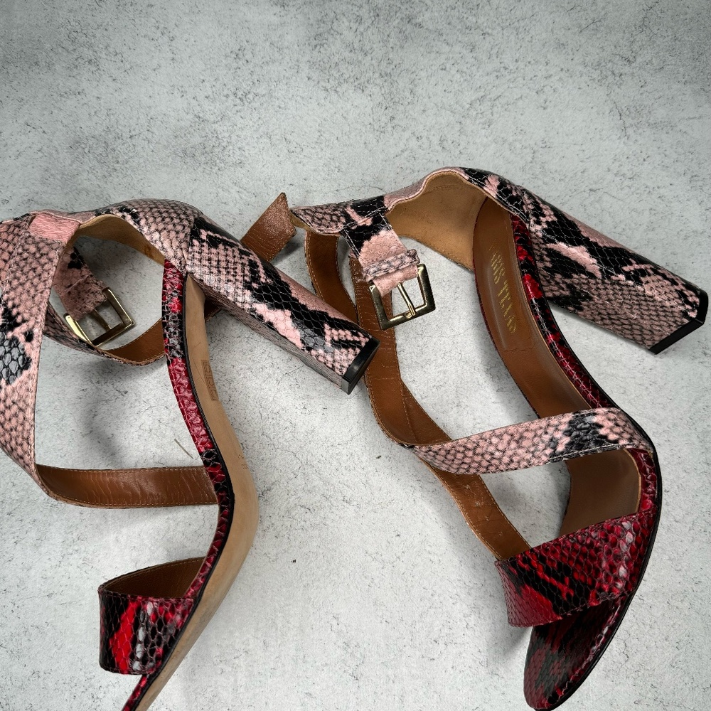Paris Texas Red and Pink Snakeskin Block Heel Sandals with Cross Strap